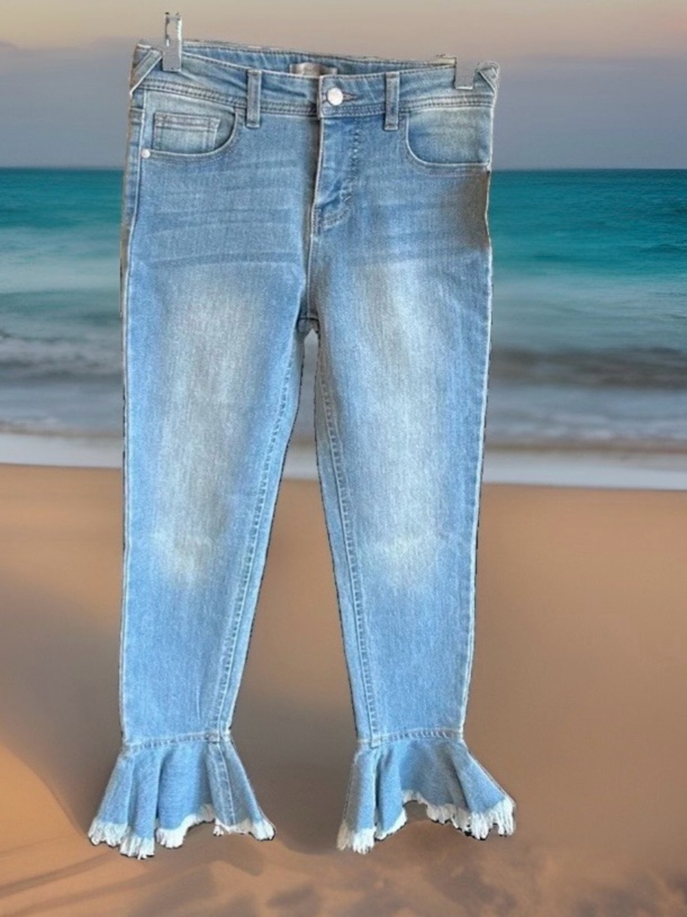 Denim jeans adjustable waist size 12 girls Ruffle Hem Wonderly Stretchy Comfy